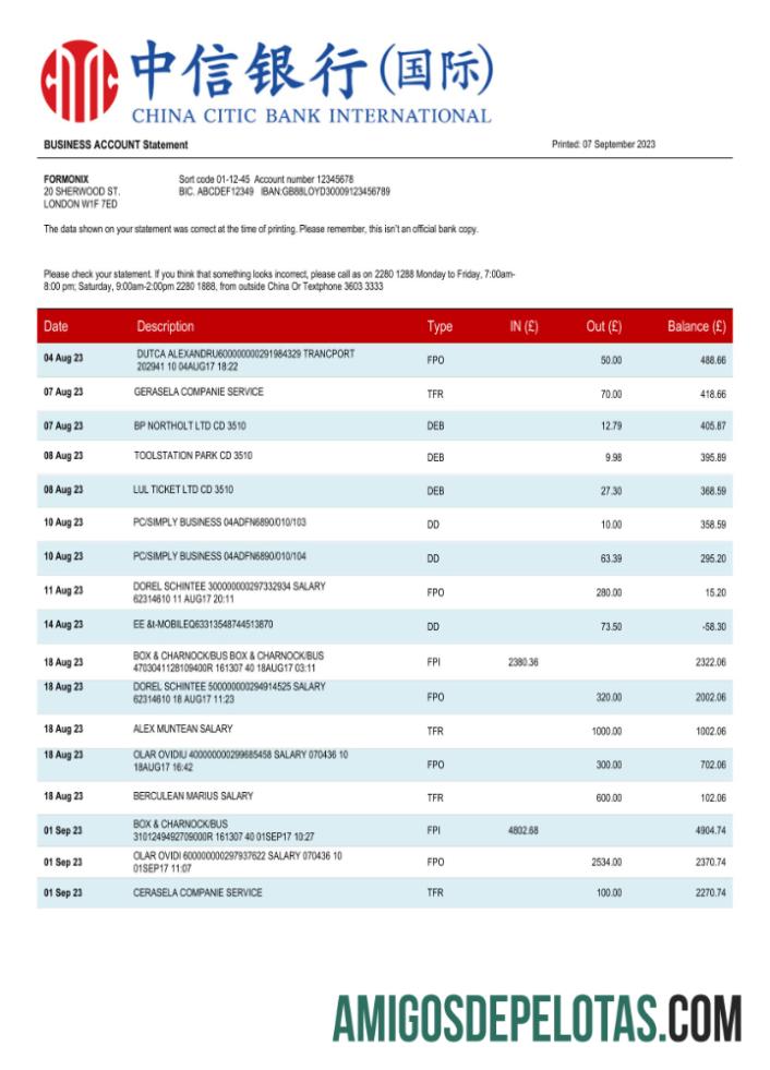 Realista China Citic Bank Extrato de conta corporativa modelo Word e PDF